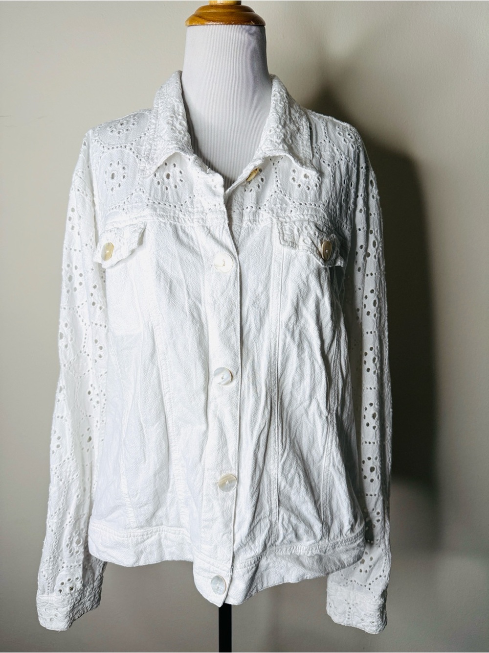 White Embroidered Eyelet Sleeve Dash Denim Jacket